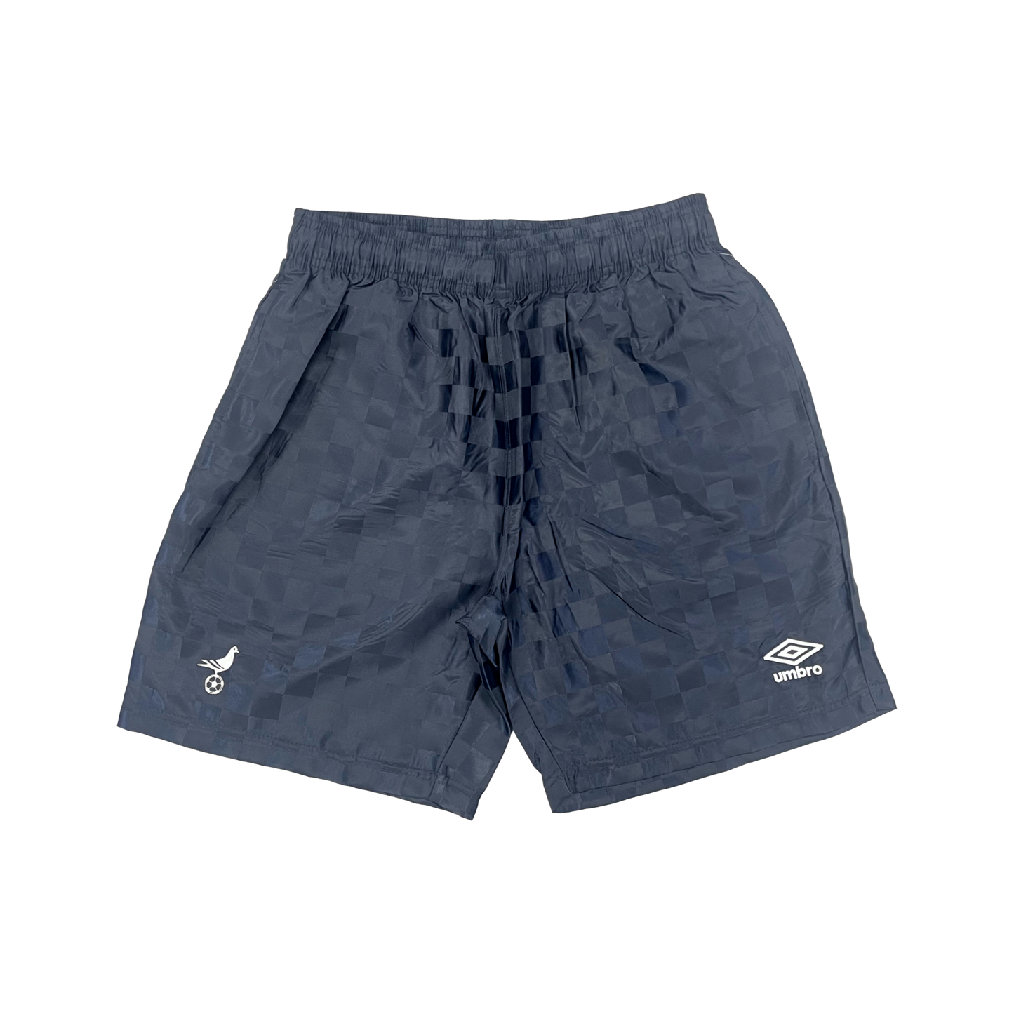 Umbro x Footy Mens Navy Checkerboard Shorts Embroidered Pigeon