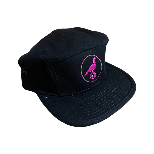 Five panel black hat with pink embroidered logo (retro pigeon)