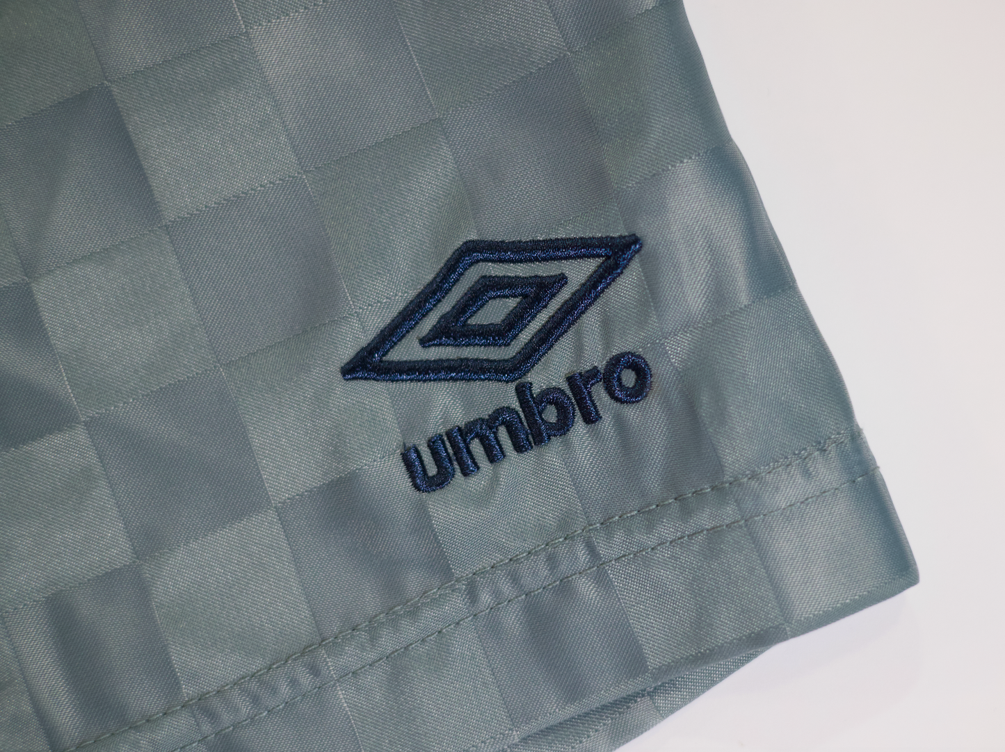 Umbro x NYC Footy Mens Silver-Blue/Indian-Teal Checkerboard Shorts Embroidered Pigeon