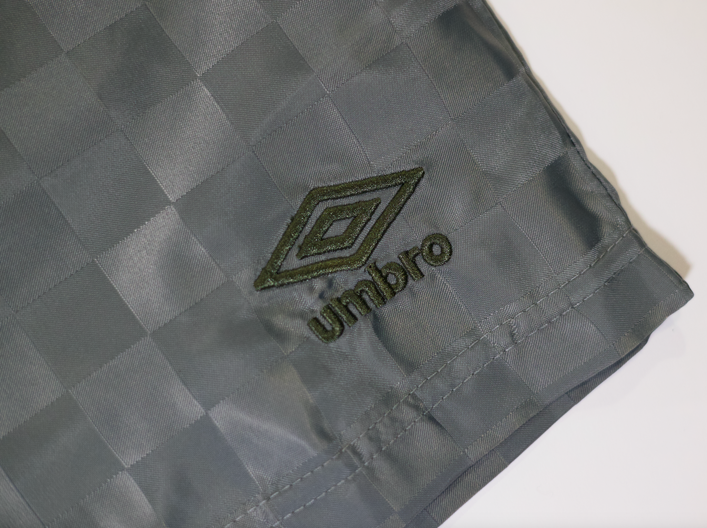 Umbro x NYC Footy Mens Sage Checkerboard Shorts embroidered Pigeon