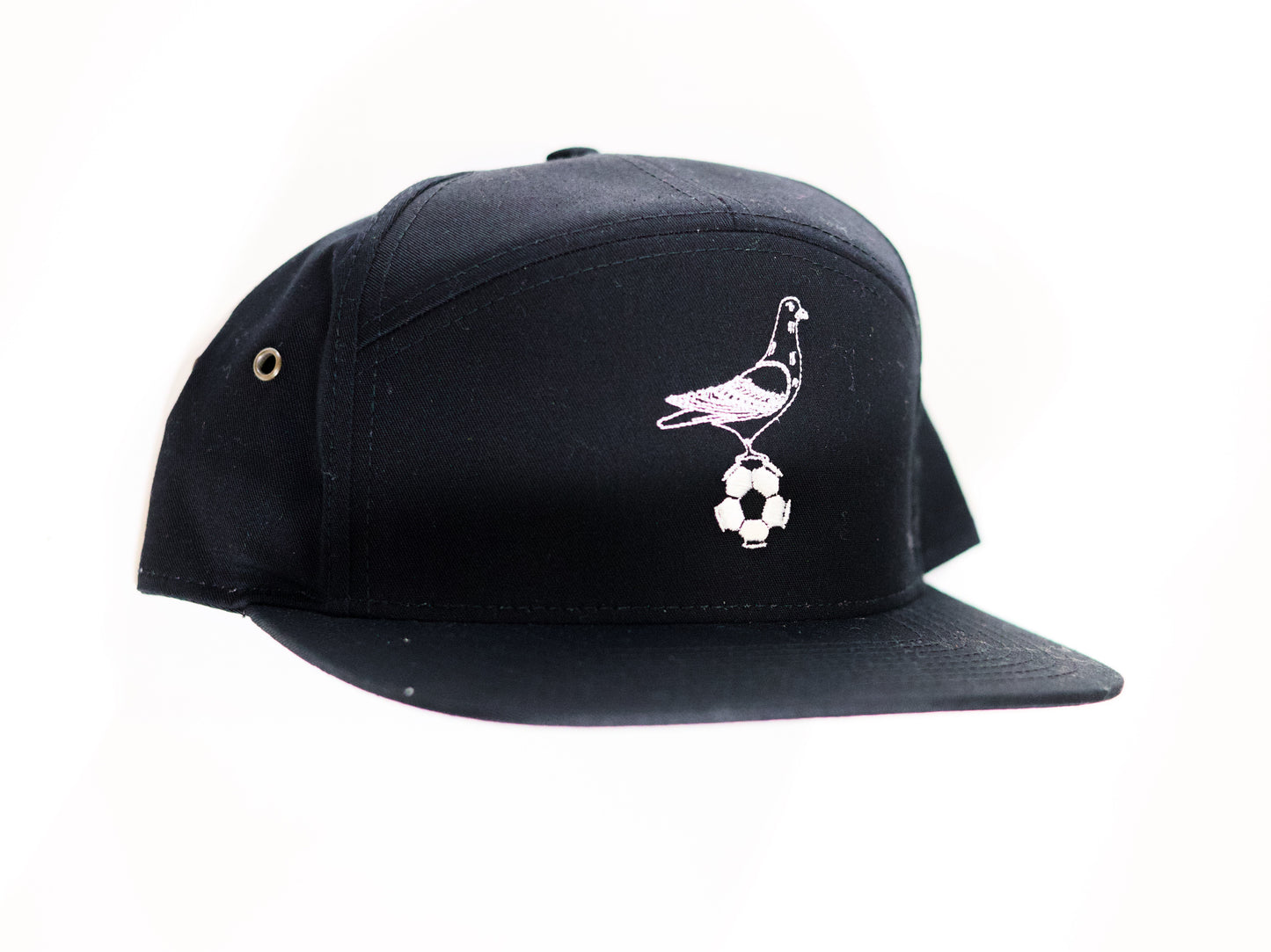 7 Panel Black Hat with Embroidered Pigeon