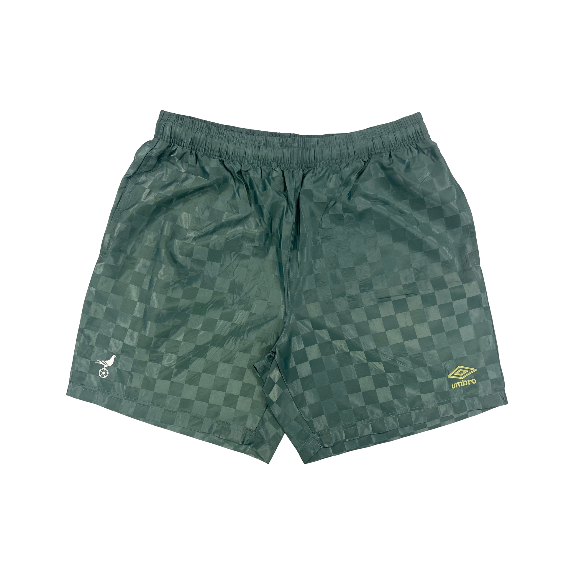 Umbro x NYC Footy Mens Sage Checkerboard Shorts embroidered Pigeon NYC Footy Shop