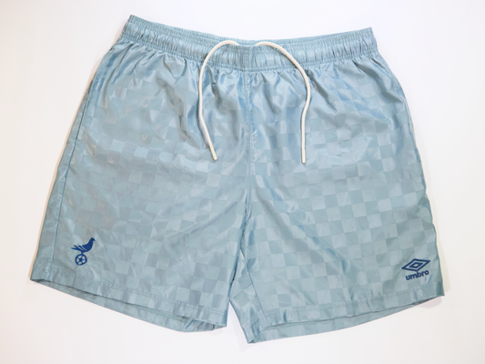 Umbro x NYC Footy Mens Silver-Blue/Indian-Teal Checkerboard Shorts Embroidered Pigeon