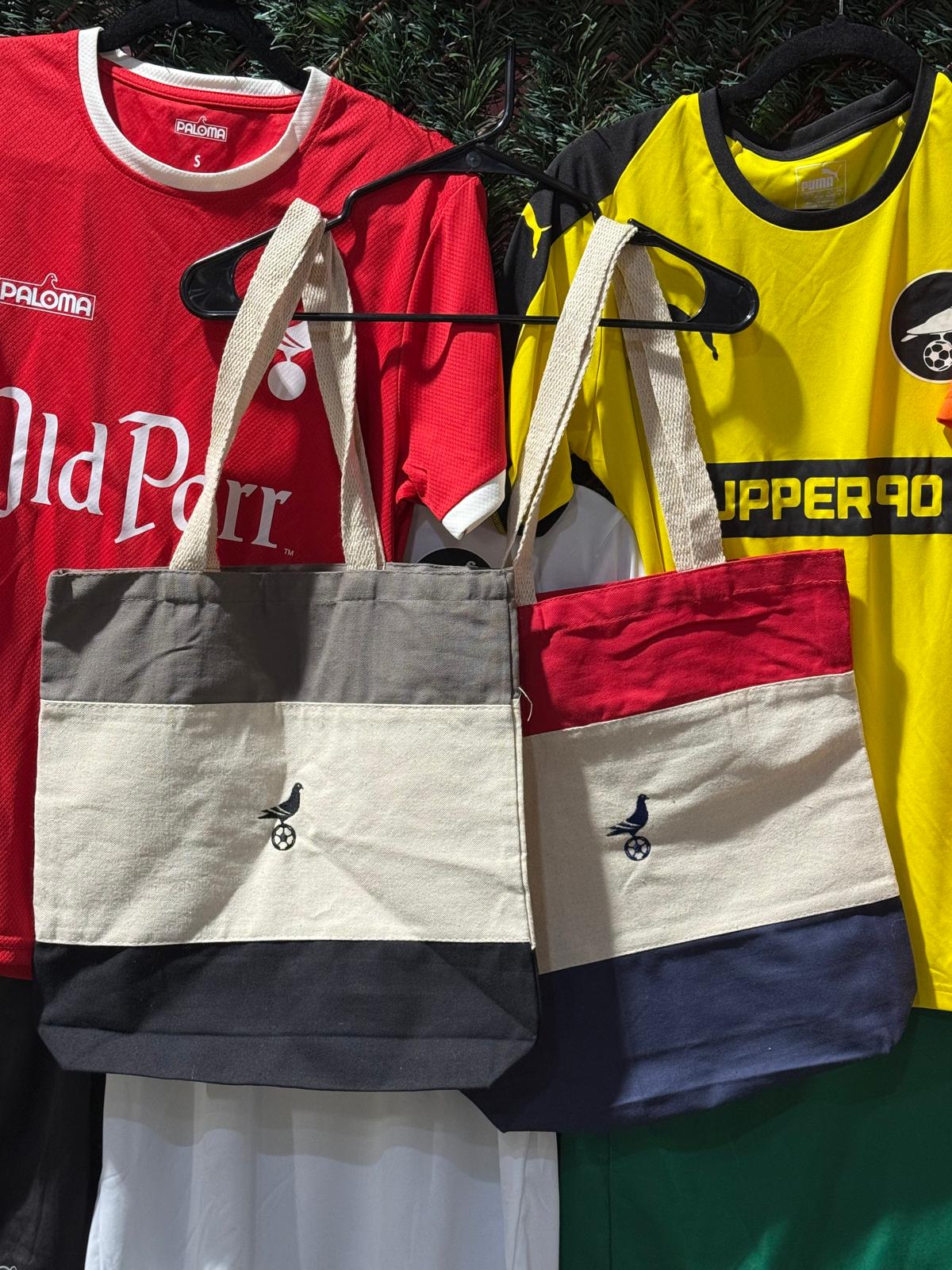 Footy Tri-Color Canvas Tote w/ Embroidered Pigeon