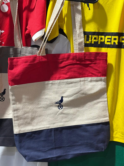 Footy Tri-Color Canvas Tote w/ Embroidered Pigeon